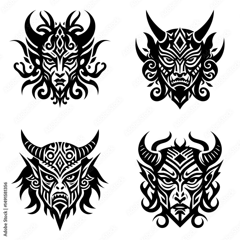 Fototapeta premium Set of Tribal Demon and Mythical God Heads – Bold Black Vector Design