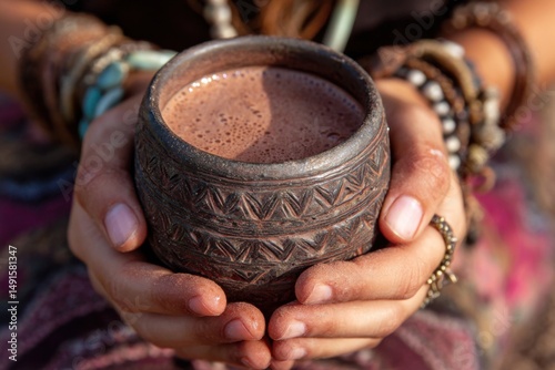 Woman holding ceremonial cacao drink in ornate cup close up spiritual wellness ritual ancient beverage