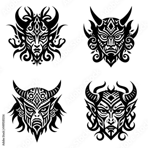Set of Tribal Demon and Mythical God Heads – Bold Black Vector Design