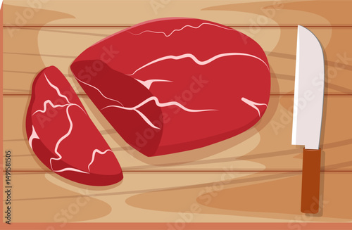 Raw Beef Steak Sliced on Wooden Cutting Board with Knife