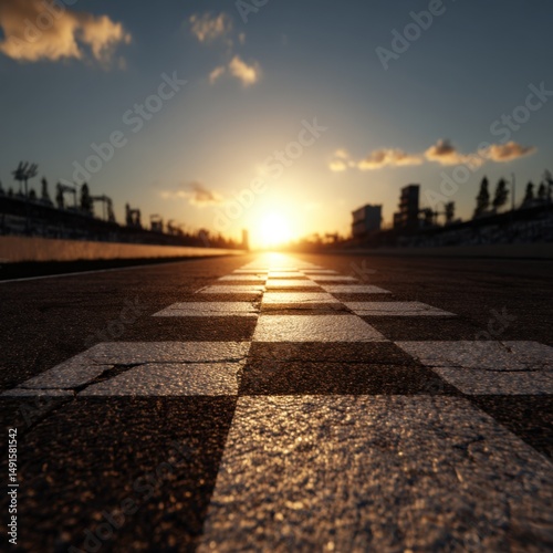 Race track finish line at sunset low angle shot of asphalt and painted squares with cityscape in background
