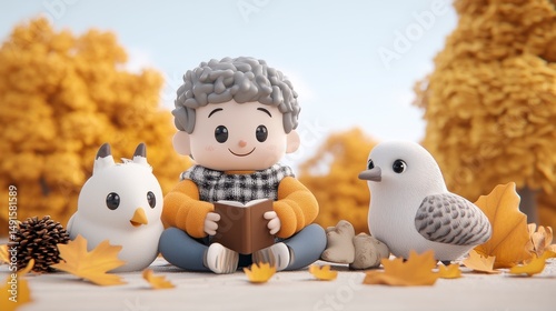 Adorable Boy Reading Book with Birds in Autumn Setting