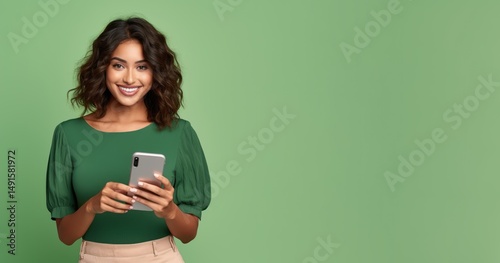 A young woman with long, wavy hair wearing a green top and beige pants, standing against a green background with a green smartphone in her hands.