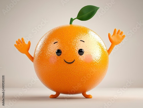 Cheerful Cartoon Orange Character Waves Hello Against Neutral Background