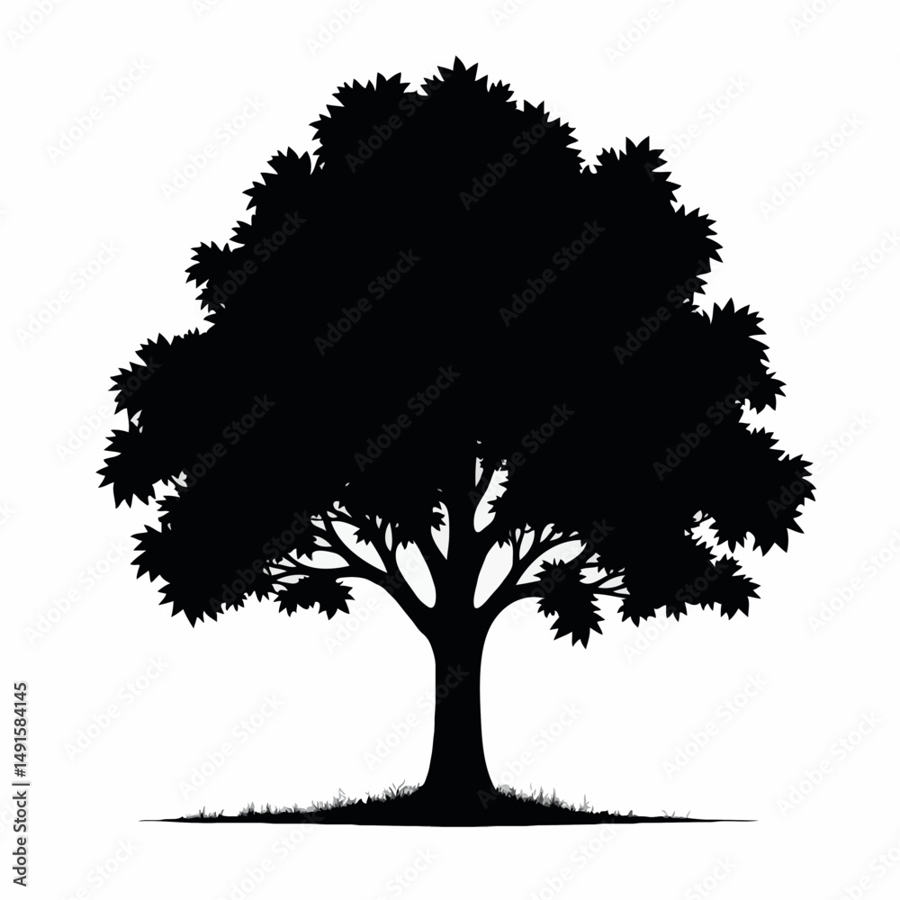Fototapeta premium A bold silhouette of a large, leafy tree standing alone on flat ground. Its wide canopy and detailed branches evoke nature’s tranquility, growth, and timeless strength in a minimalist style.