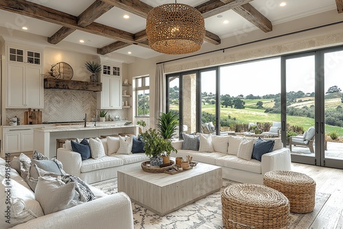 Open-concept living room with light gray and blue accents, natural wood ceiling beams, large windows overlooking rolling hills, white kitchen island, circular chandelier, and Harborside Flourish furni photo