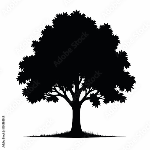 A bold silhouette of a large, leafy tree standing alone on flat ground. Its wide canopy and detailed branches evoke nature’s tranquility, growth, and timeless strength in a minimalist style.