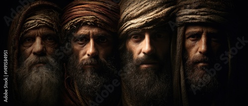 Four men with beards and head coverings in a dramatic close up portrait; historical reenactment; serious expression; dark background; studio shot