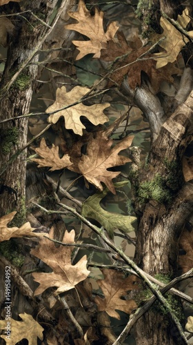 Camouflage pattern featuring oak leaves and tree branches for hunting apparel and outdoor gear design texture