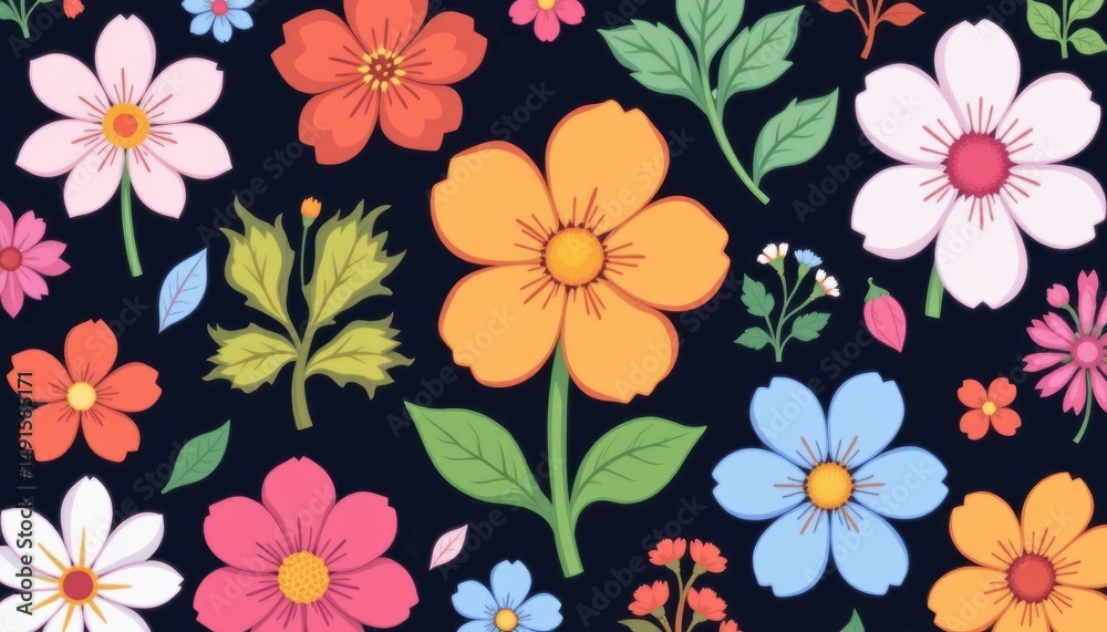 custom made wallpaper toronto digitalColorful Floral Pattern Featuring Various Flowers on a Dark Background with Lush Green Leaves