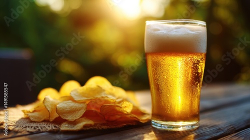 Golden beer and potato chips on wooden table in sunlight outdoor close up refreshing beverage and snack combination still life