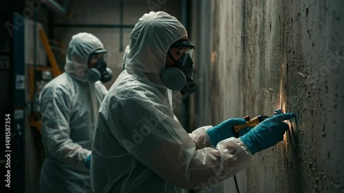 Mold inspector wearing protective gear uses a moisture meter to assess the extent of mold growth on a wall, pest inspection, mold remediation, damp wall assessment, ungus removal, industrial hygienist