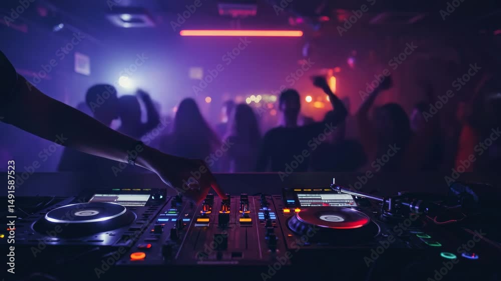 crowd of party-goers, silhouettes, Vinyl record spinning on turntable with dj playing music for dancing people at night club with neon lights, DJ turntable, record spinning, dance club, vibrant neon
