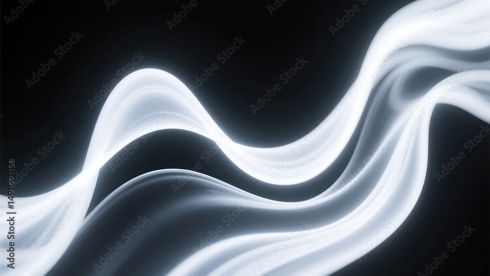 Obraz premium black background with abstract white wave lines creating a dynamic flow, suitable for tech, science, or music-themed designs and futuristic digital interfaces.