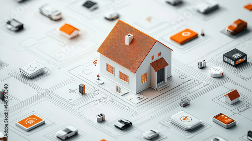 Miniature house model surrounded by smart home devices and technology icons, illustrating user centered smart home control interface concept