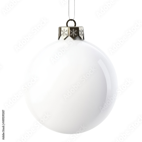 Elegant White Christmas Ornament Ball with Silver Snowflake Cap and Hanging St for Festive Holiday Decorations and Winter Seasonal Decor photo