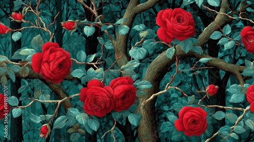 Red Roses in Forest Illustration Seamless Pattern Botanical Art Nouveau Style Floral Background Wallpaper Design