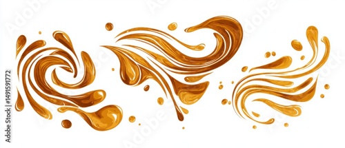 Abstract Caramel Swirls and Splashes on White Background Artistic Illustration Decorative Design