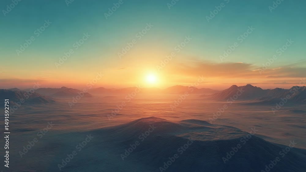 Serene sunrise over a vast mountain landscape, showcasing soft hues and tranquil atmosphere Serene sunrise over a vast mountain landscape, showcasing soft hues and tranquil atmosphere