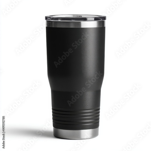 Isolated black tumbler studio shot on white background stainless steel rim lid travel mug drinkware container