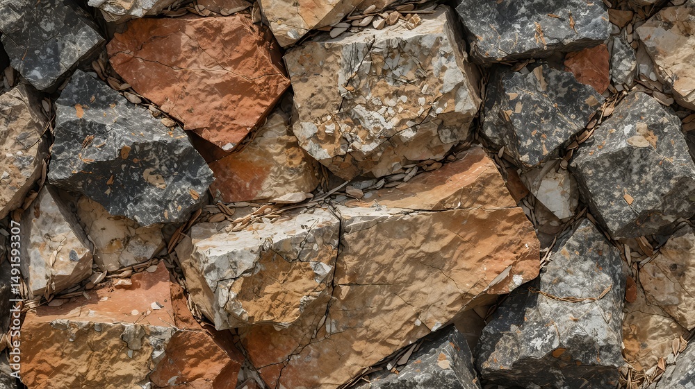 A textured stone wall evokes rustic charm with gray, white, and reddish-brown stones, outdoors. A textured stone wall evokes rustic charm with gray, white, and reddish-brown stones, outdoors.