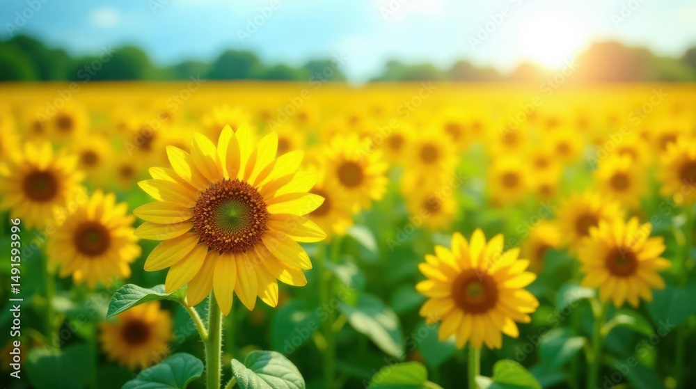 Fototapeta premium Golden Sunflowers in a Vibrant Field Basking in the Warm Glow of a Sunny Day