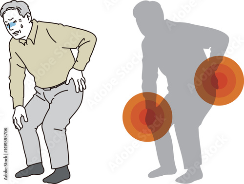 膝や腰を痛めているシニア男性のイラスト素材