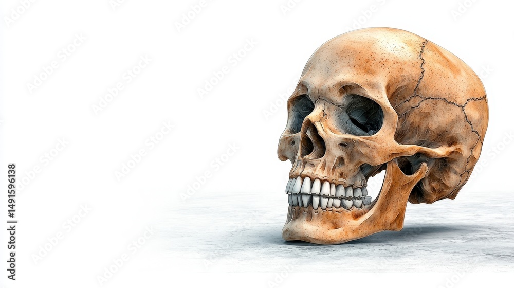 Fototapeta premium a stylized human skull rendered in black and white, with intricate detail and shading, set against a clean white background with a subtle shadow cast on the ground below.