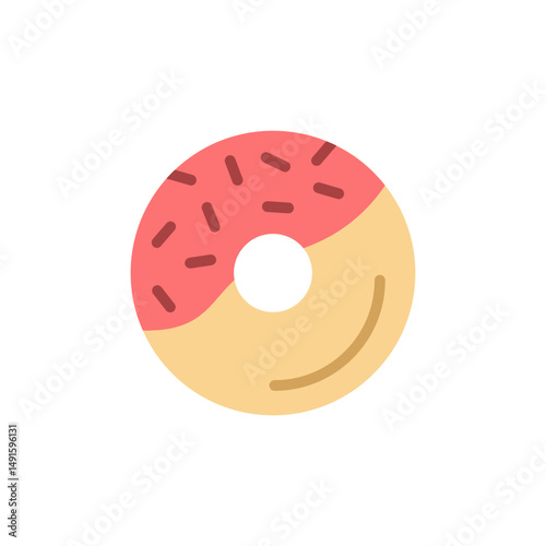 Stylized confection illustration, a doughnut pastry with pink frosting and sprinkles