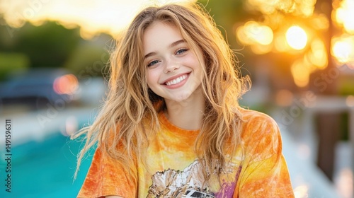 the young woman exudes happiness as she basks in the warm glow of the evening sun by the pool, her radiant smile lighting up the already vibrant atmosphere around her.