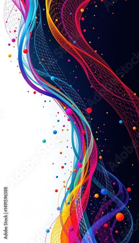 Vibrant abstract waves of color and dots flow across a dark and white background, creating a dynamic, energetic digital design.