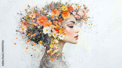 the collage artwork features a vibrant and colorful portrait of a woman with an abundance of flowers adorning her hair and surrounding her, creating a lush and visually dynamic composition.