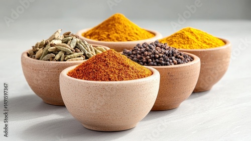 a vibrant array of ground spices displayed in beautifully crafted clay bowls, offering a feast for the eyes and potential for endless culinary creations.