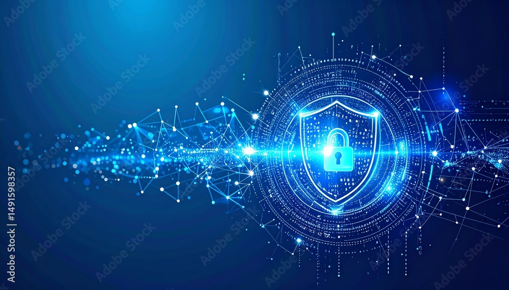 Obraz premium A digital shield symbolizing cybersecurity, surrounded by interconnected data points and a blue glow, representing protection and technology
