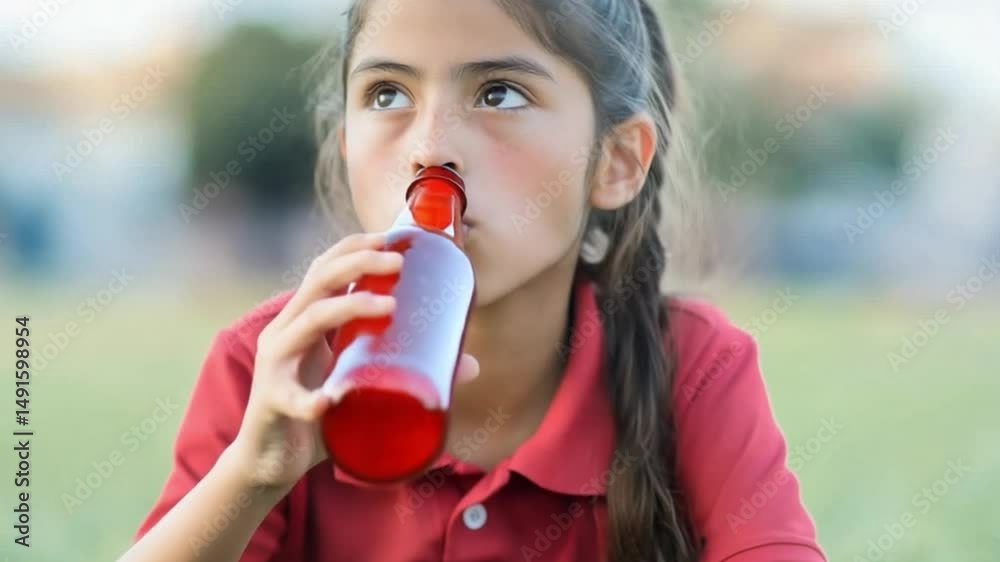 A young girl is sitting on the grass and holding a bottle of soda