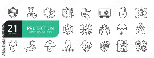 Set Of Protection Line Icons. Contains such icons as Security, Safety, Guard, Barrier, Technology Protection, Password, Antivirus, and more.