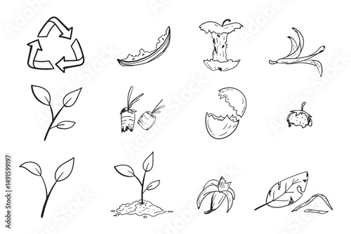 Compost life cycle or organic waste infographic doodle hand drawn style.