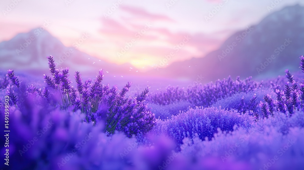 Fototapeta premium Serene Sunset Lavender Field Purple Blossoms at Golden Hour