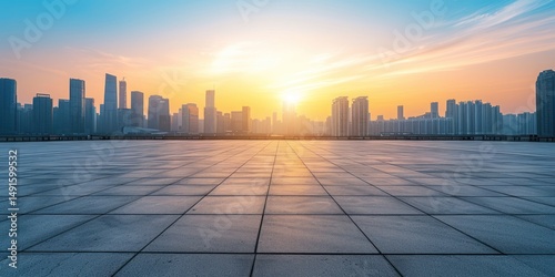 Fototapeta Naklejka Na Ścianę i Meble -  Empty concrete plaza with modern city skyline in the background at sunset