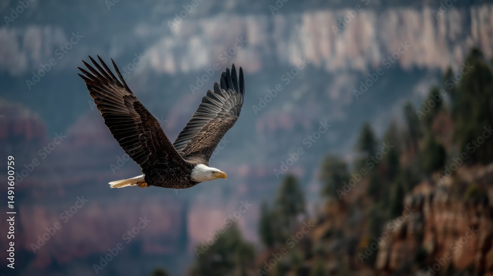 Fototapeta premium Majestic Bald Eagle in Flight Over Grand Canyon National Park Arizona USA Nature Wildlife Scenic Landscape