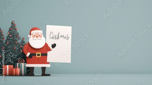 Charming depiction of Christmas scene with Santa holding sign, surrounded by decorated trees and gifts, evokes festive and joyful atmosphere