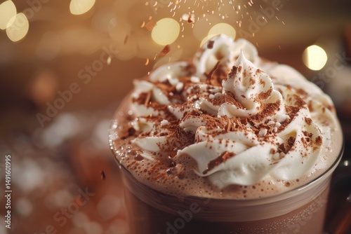 high detail picture of hot chocolate with whipped cream and a sprinkle of cocoa