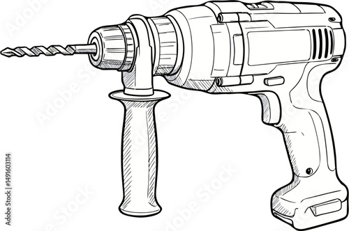 Detailed line art illustration of a power drill with auxiliary handle - Line Art Vector