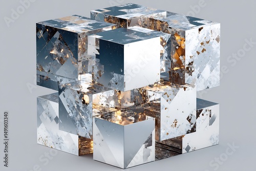 Abstract arrangement of reflective cubes creating a complex structure