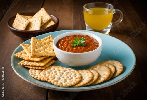 The plate contained a bowl of soup and cookies
