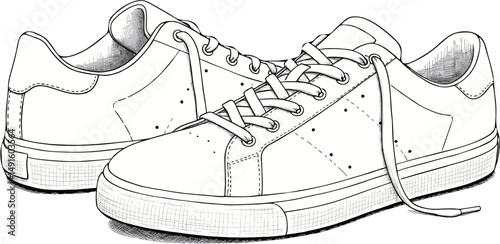 Detailed Sketch of a Pair of White Leather Sneakers with Laces - Line Art Vector