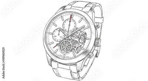 Detailed Sketch of a Skeleton Chronograph Wristwatch - Line Art Vector