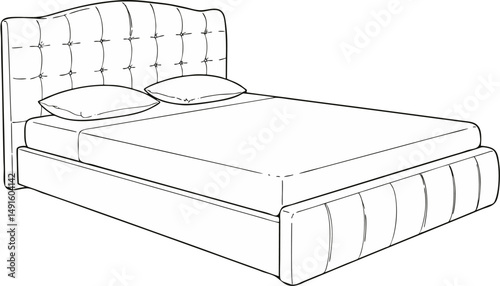 Elegant Upholstered Bed with Tufted Headboard Design - Line Art Vector