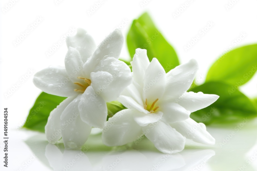 Fototapeta premium Two Jasmine Flowers Close Up Macro Studio Shot on White Background with Green Leaves and Water Droplets
