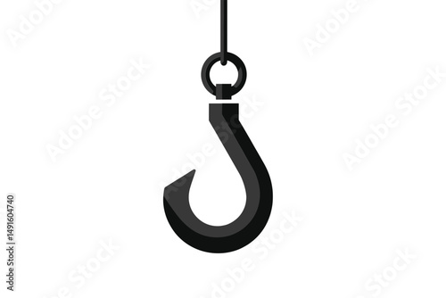 Detailed Black Fishing Hook Suspended from a Thin Line Against a Plain Background